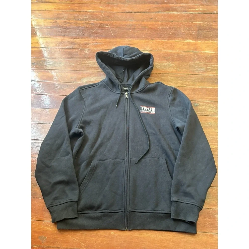 True Religion Full Zip Up Black Graphic Logo Hoodie Men's XXL Y2K Pullover